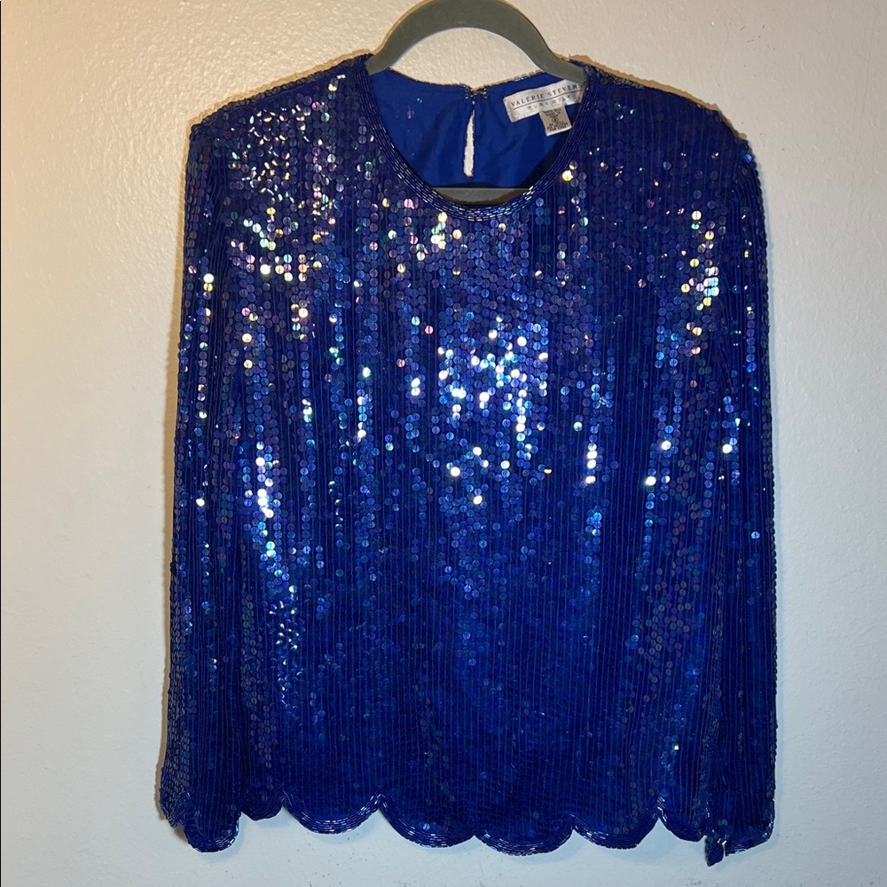Valerie Stevens vintage 80s Long Sleeve Royal Blue Purple Sequin Top M/L